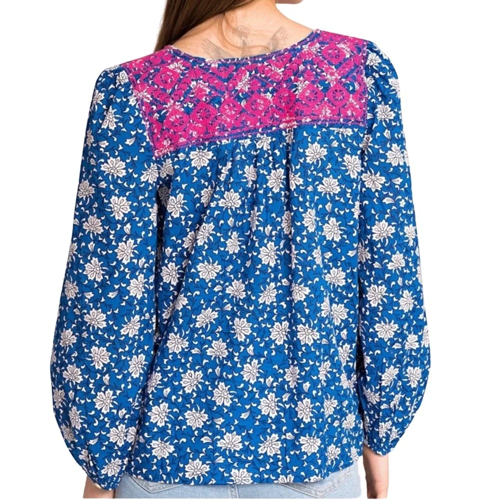 J. Crew Blue/White Cotton Voile Peasant Top with Pink Cross Stitch Embroidery